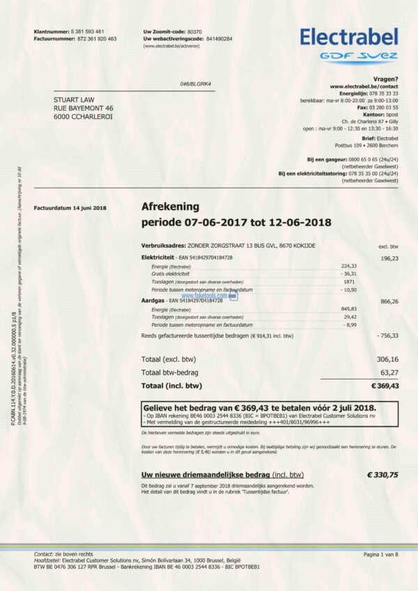 Belgium Utility Bill template Proof of address template