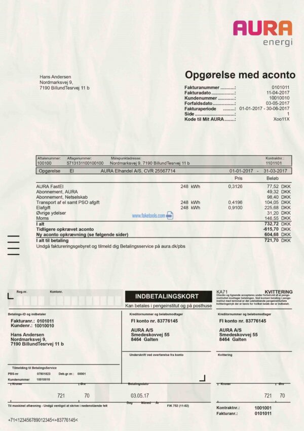 Denmark Utility Bill template Proof of address template