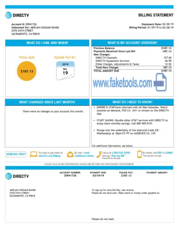 Directv Bill template Proof of address template