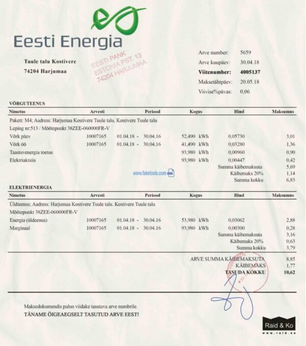 Estonia Utility Bill template Proof of address template