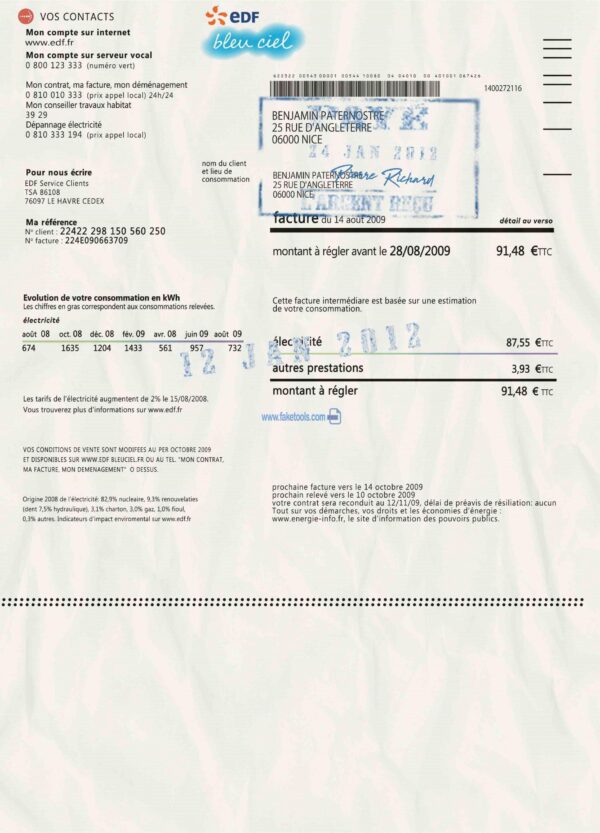 France Utility Bill template Proof of address template