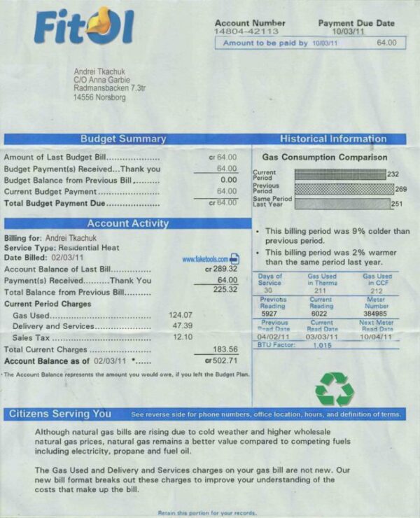 Sweden Utility Bill template Proof of address template