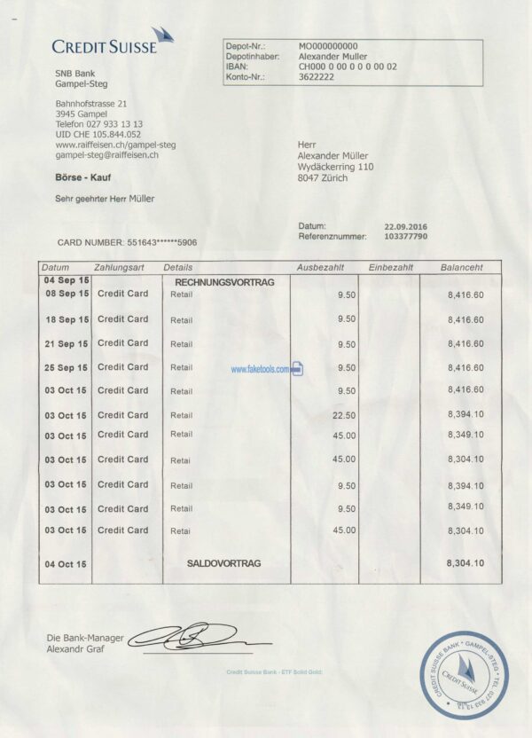 Swiss bank statement template psd