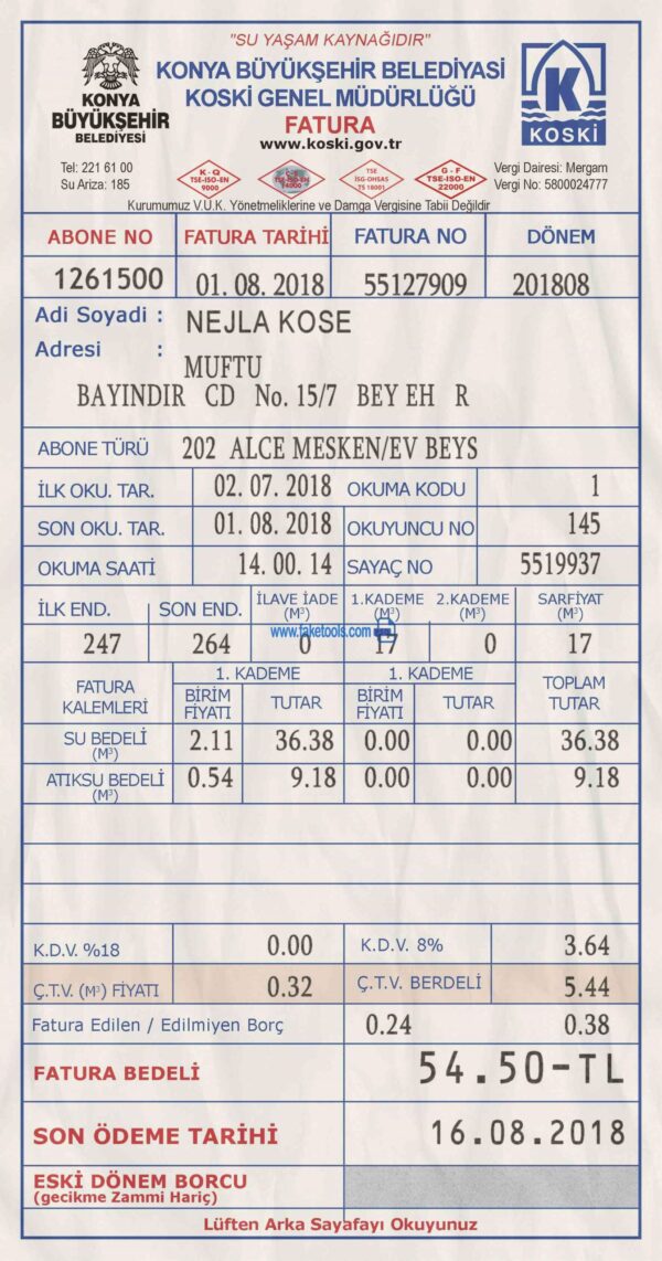 Turkey Utility Bill template Proof of address template