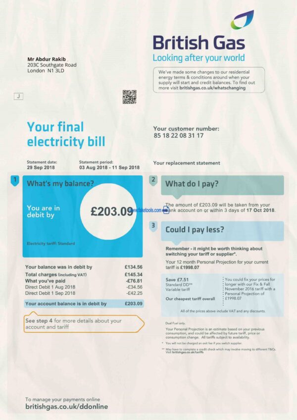 UK Utility Bill template Proof of address template