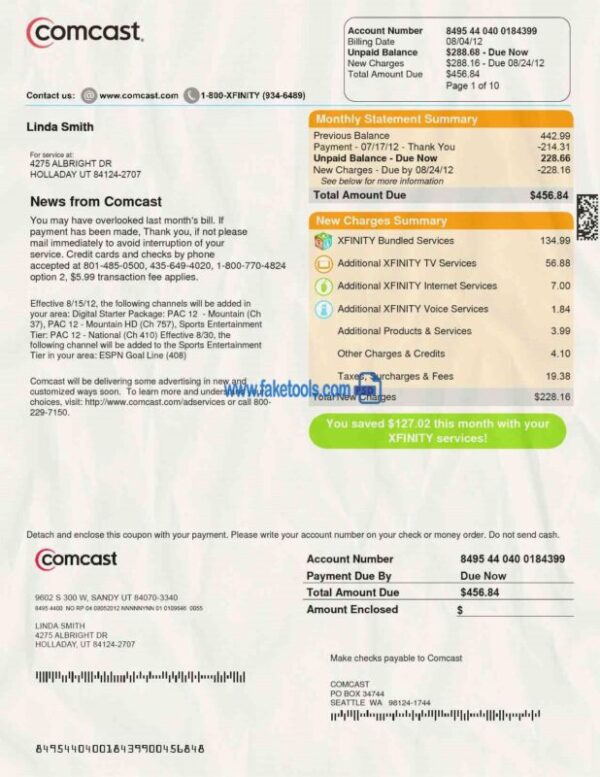 Comcast Bill template Proof of address template