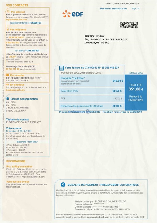 France Utility Bill template Proof of address template