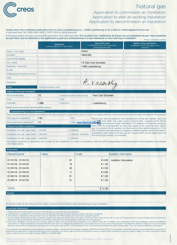 Luxembourg Utility Bill template Proof of address template