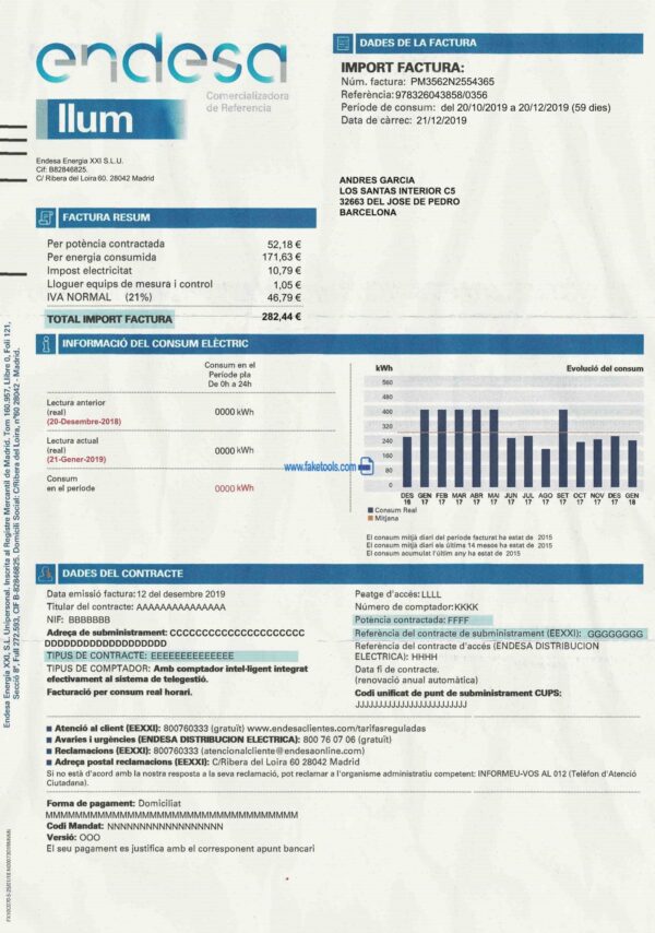 Spain Utility Bill template Proof of address template