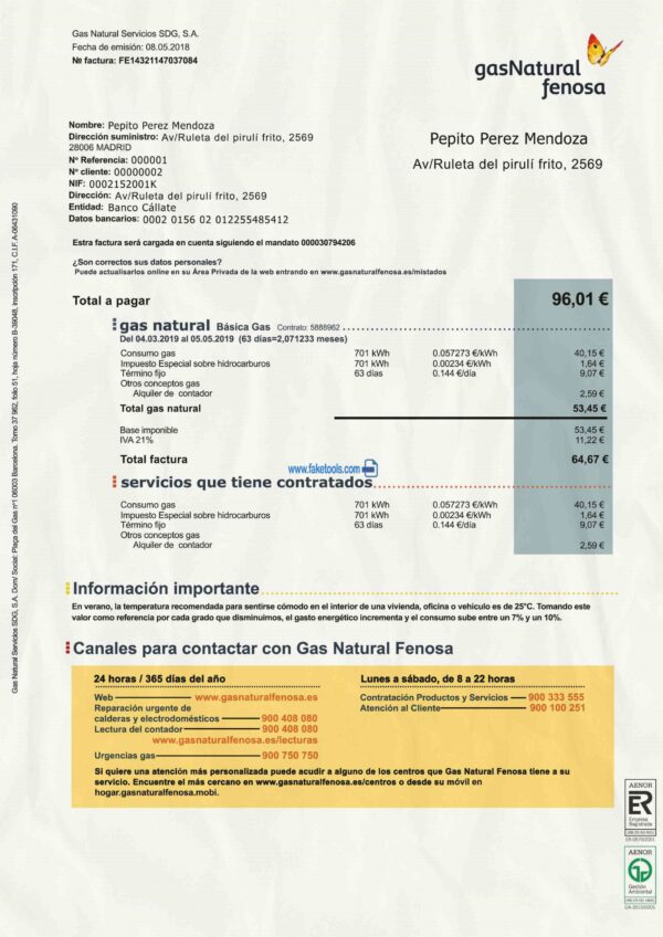 Spain Utility Bill template Proof of address template