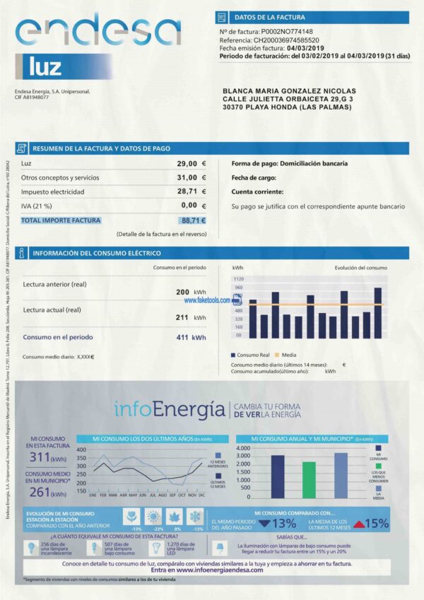 Spain Utility Bill template Proof of address template