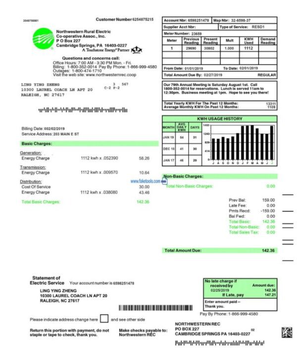 US Utility Bill template Proof of address template