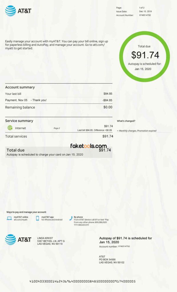 AT&T Bill template Proof of address template