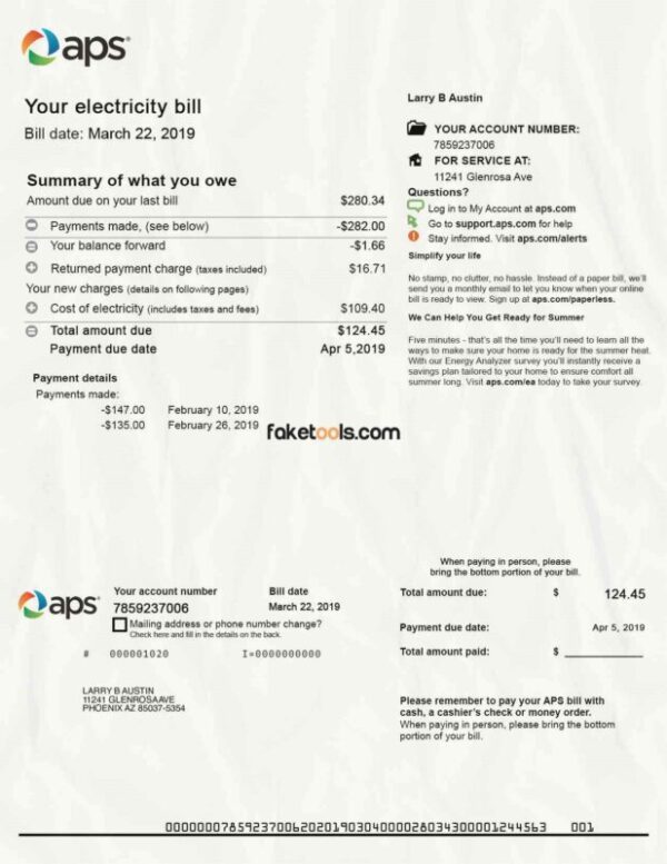 Arizona Utility Bill template Proof of address template