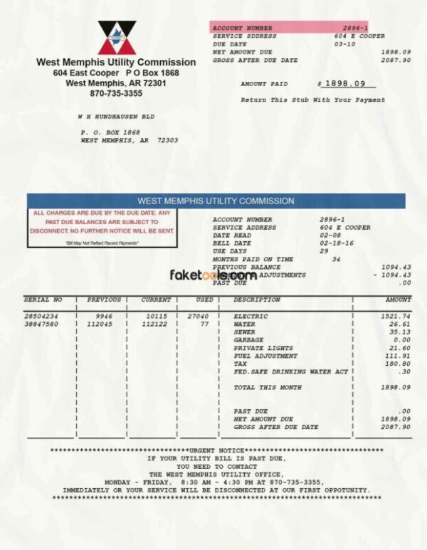 Arkansas Utility Bill template Proof of address template