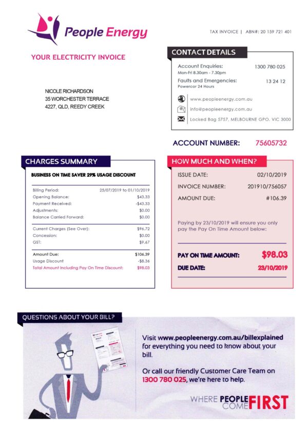 Australia Utility Bill template Proof of address template