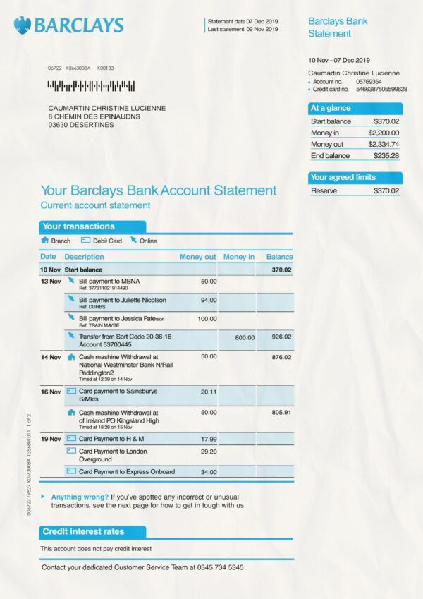 Barclays bank statement template psd