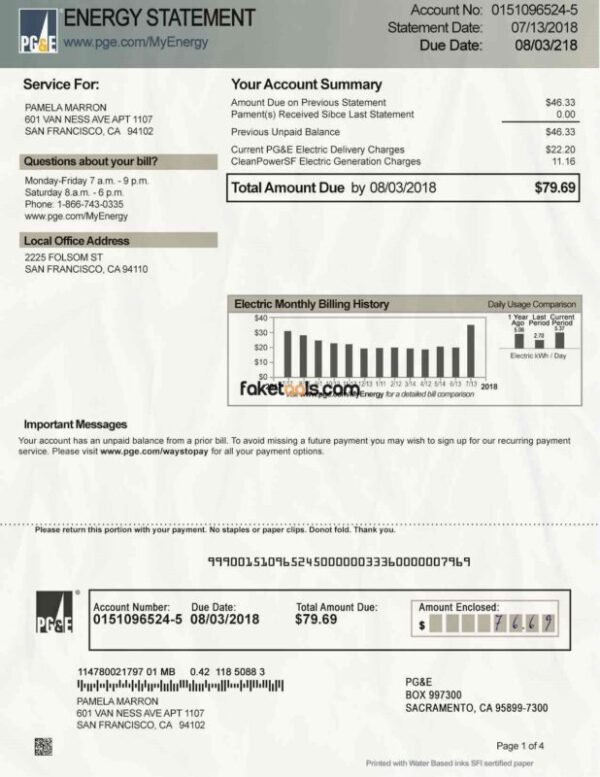 California Utility Bill template Proof of address template