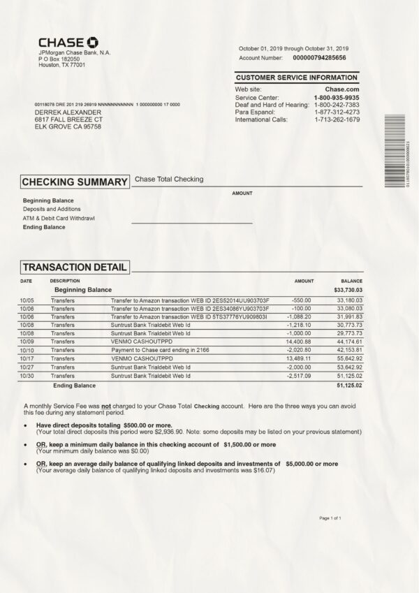 Chase bank statement template psd