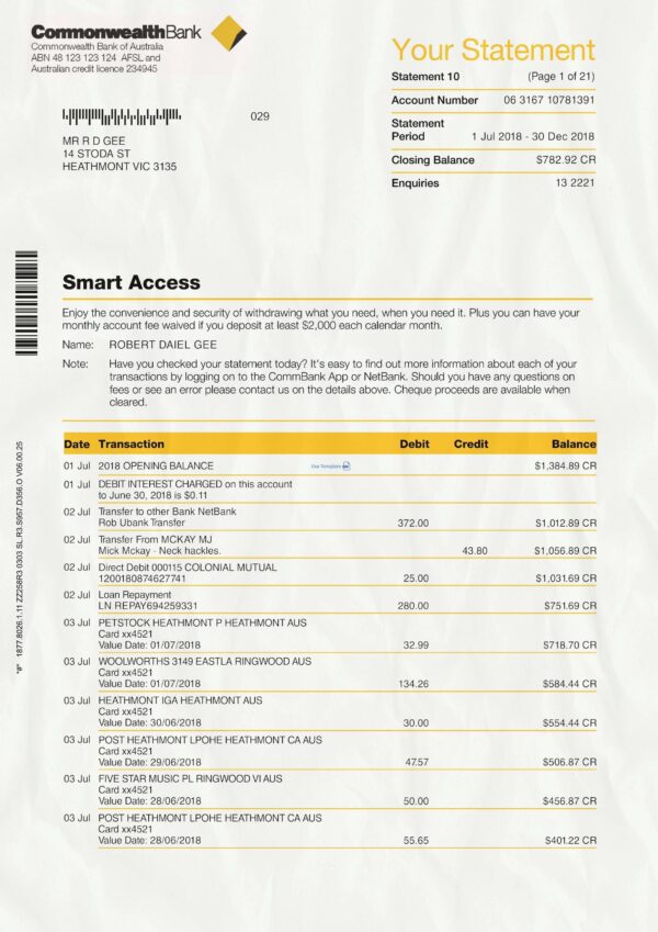 Commonwealth bank statement template psd