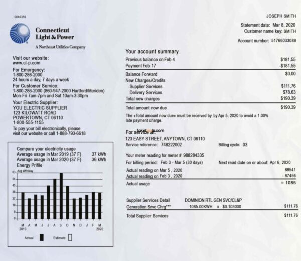 Connecticut Utility Bill template Proof of address template