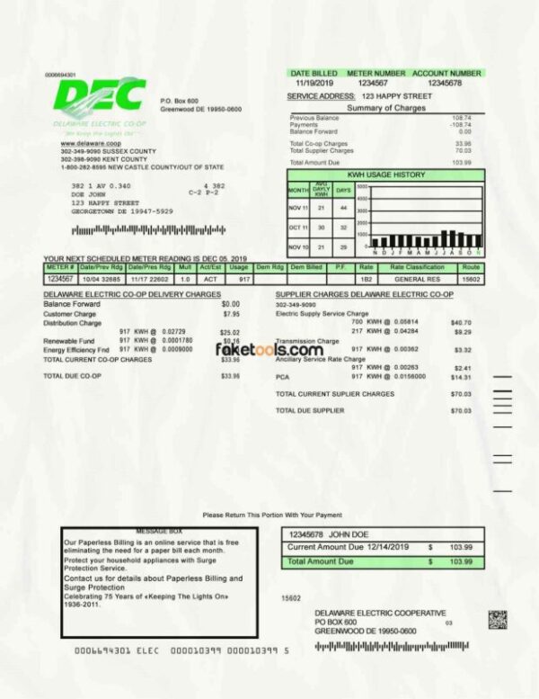 Delaware Utility Bill template Proof of address template