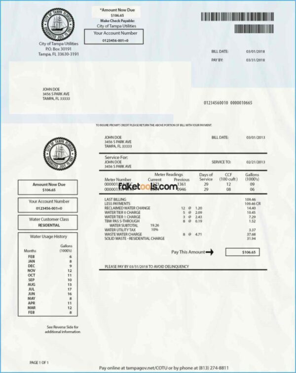 Florida Utility Bill template Proof of address template