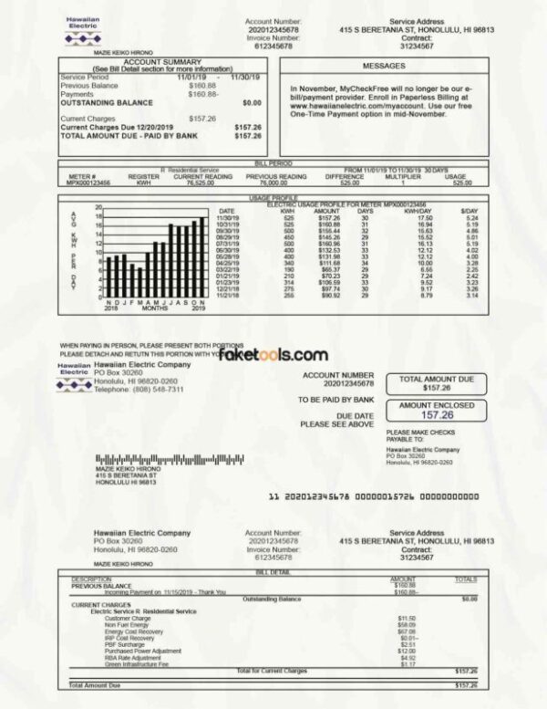 Hawaii Utility Bill template Proof of address template