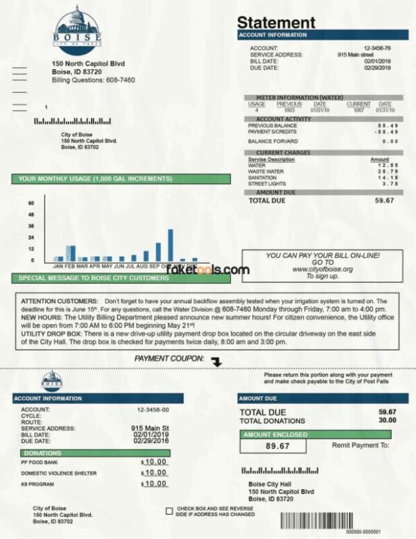 Idaho Utility Bill template Proof of address template