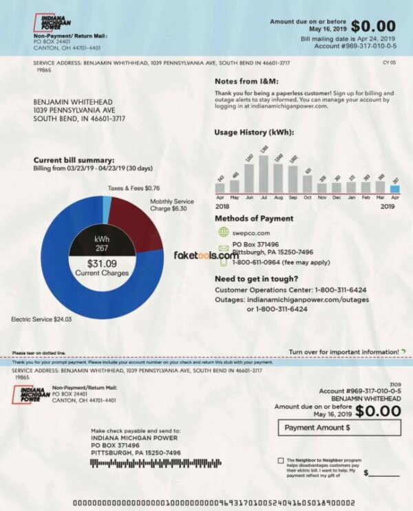 Indiana Utility Bill template Proof of address template