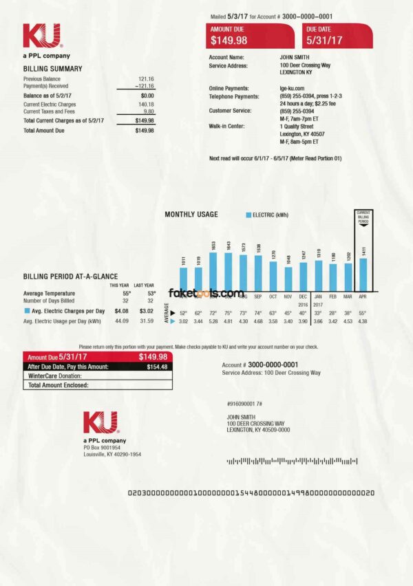 Kentucky Utility Bill template Proof of address template