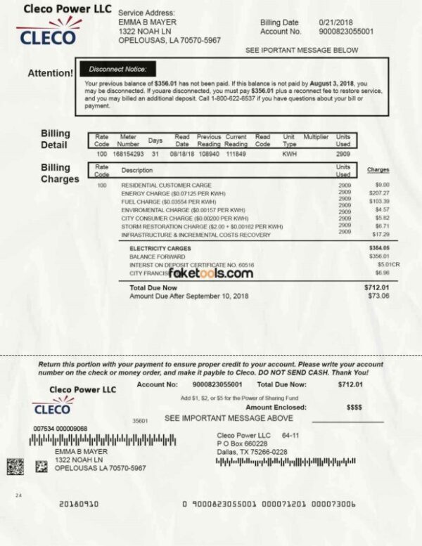 Louisiana Utility Bill template Proof of address template