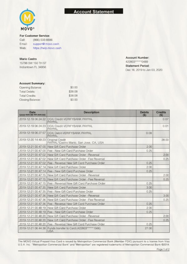 MOVO Cash statement template psd