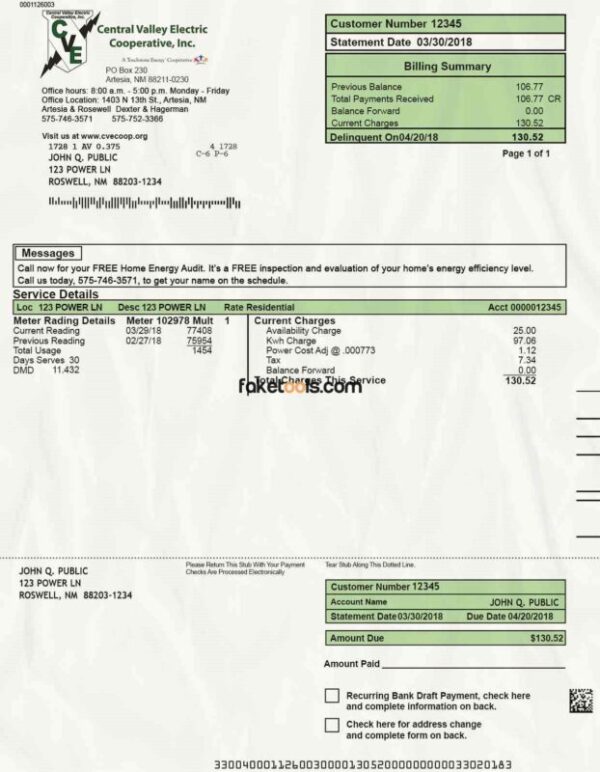 New Mexico Utility Bill template Proof of address template