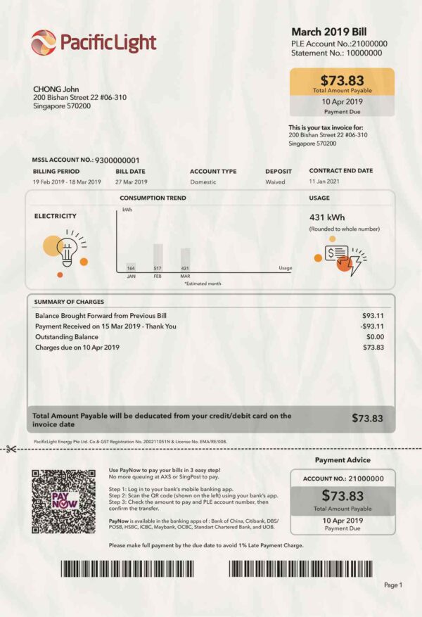 Singapore Utility Bill template Proof of address template