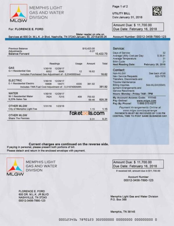 Tennessee Utility Bill template Proof of address template