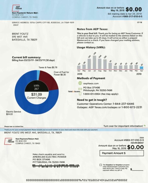 Texas Utility Bill template Proof of address template