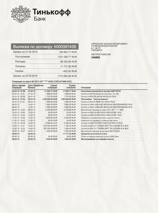 Tinkoff bank statement template psd