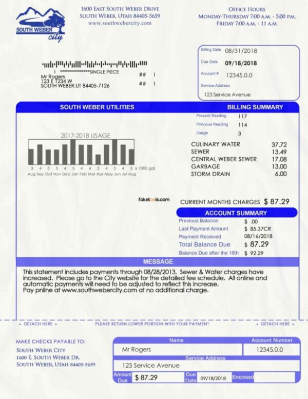 Utah Utility Bill template Proof of address template