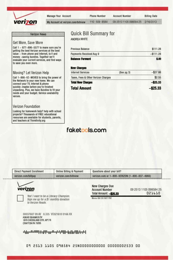 Verizon Bill template Proof of address template