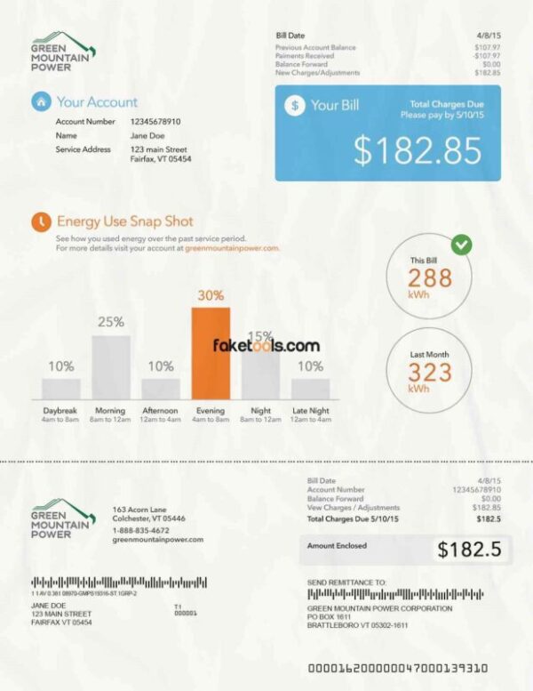 Vermont Utility Bill template Proof of address template