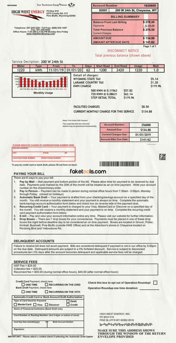 Wyoming Utility Bill template Proof of address template