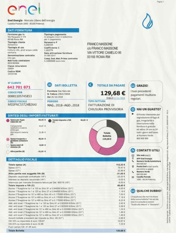 Italy Utility Bill template Proof of address template