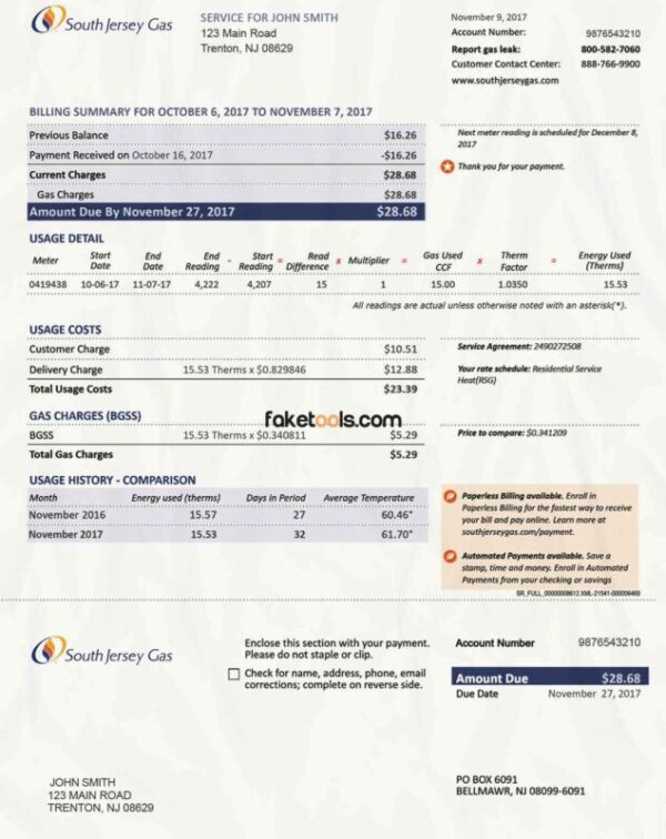 New Jersey Utility Bill template Proof of address template