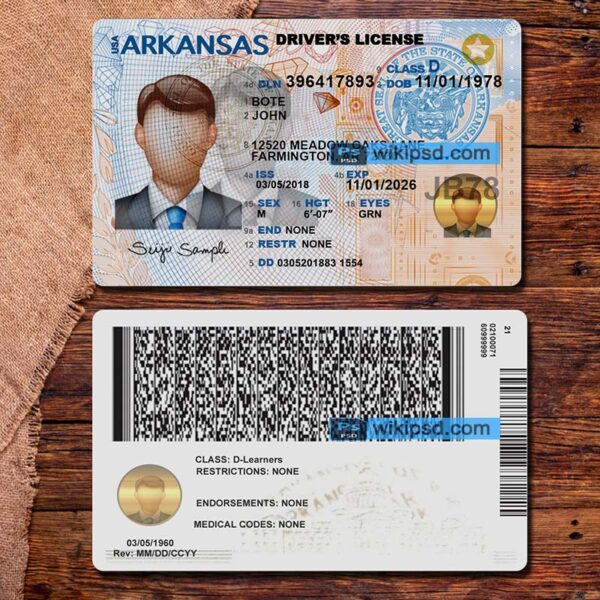 Arkansas driving license template psd