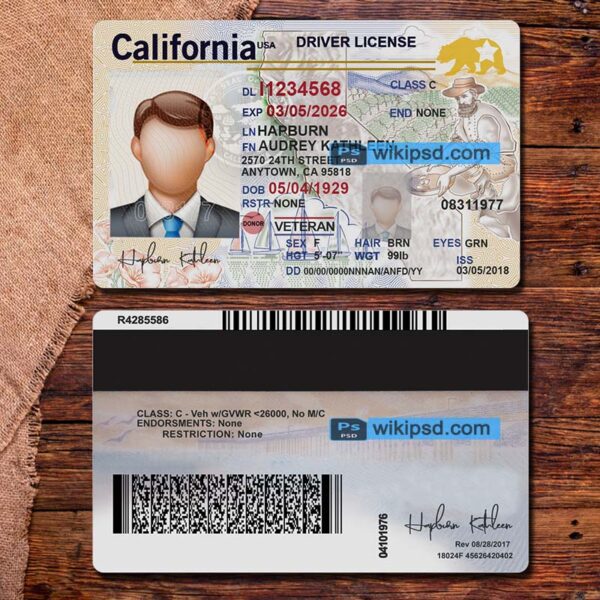 California driving license template psd