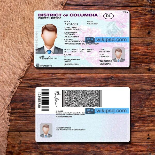 District of Columbia driving license template psd