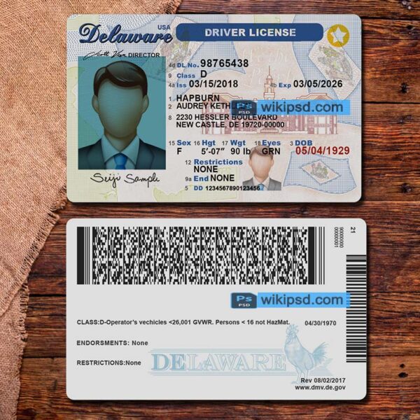 Delaware driving license template psd