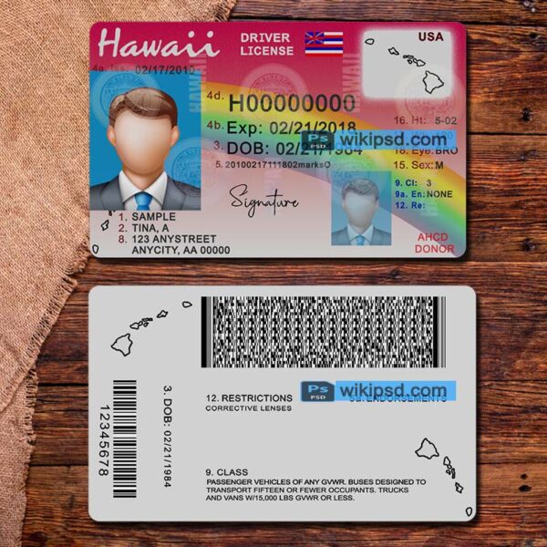 Hawaii driving license template psd