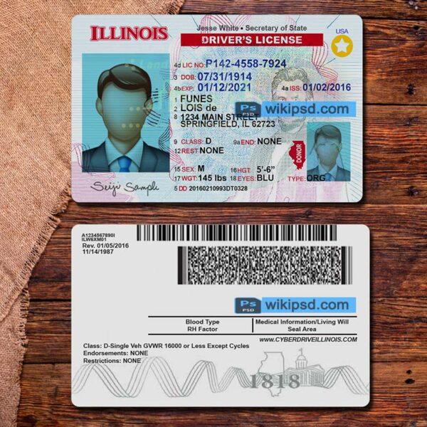 Illinois driving license template psd